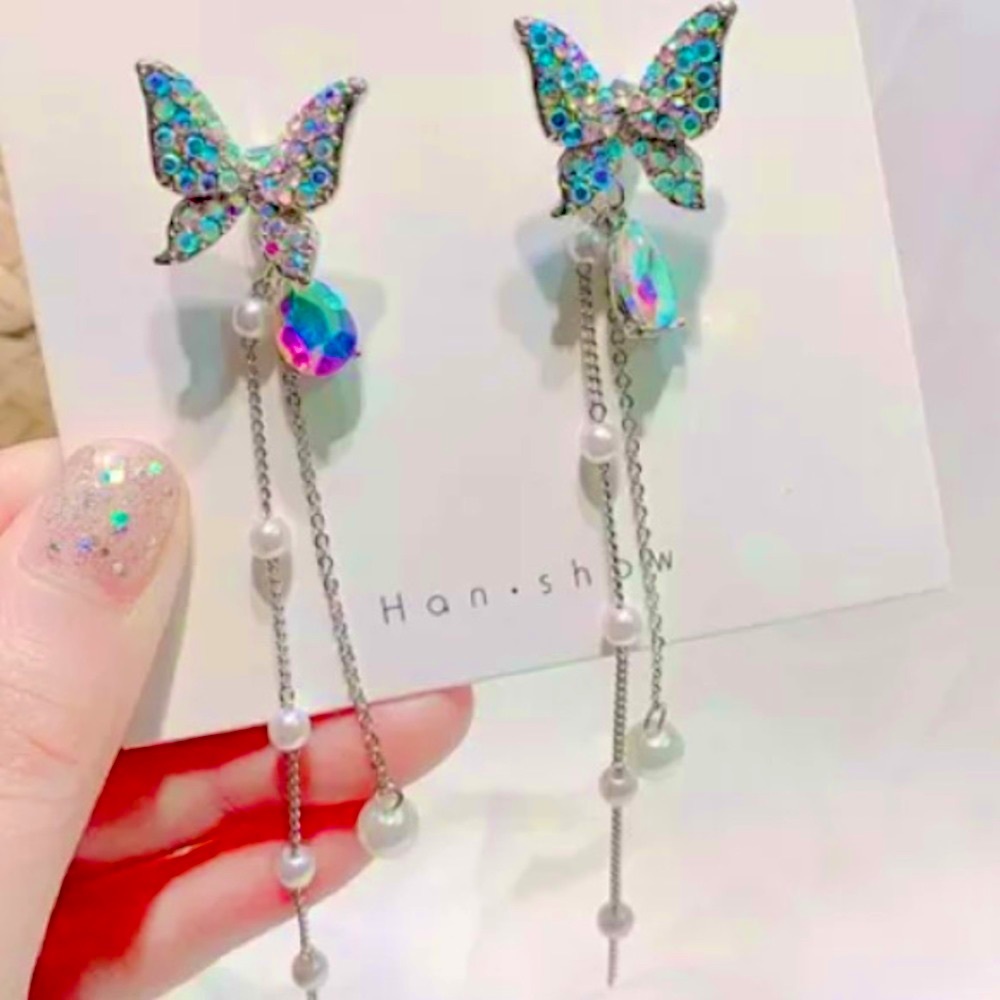 Cubic zirconia butterfly tassel earrings